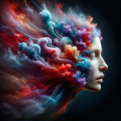 The primary subject of the image is a woman's head, which is the main focus of the image. The setting is a dark background, which contrasts with the vibrant colors of the woman's head. The visual style is a combination of digital art and illustration, creating a unique and artistic representation of the woman's head. The colors and mood of the image are predominantly blue and purple, giving the image a calming and serene atmosphere.